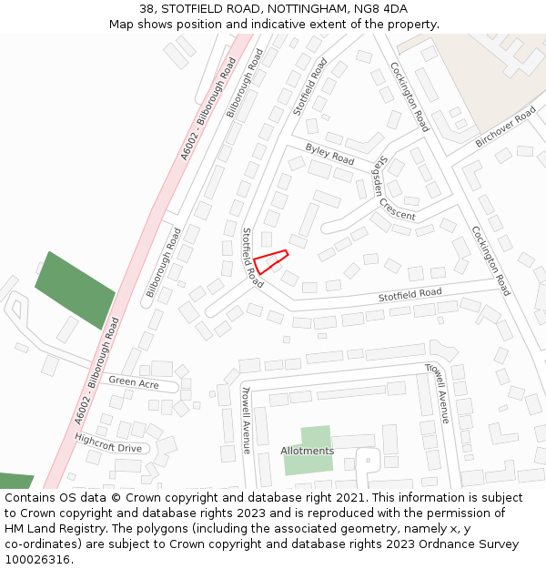 38, STOTFIELD ROAD, NOTTINGHAM, NG8 4DA: Location map and indicative extent of plot