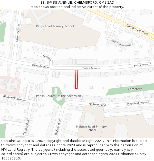 38, SWISS AVENUE, CHELMSFORD, CM1 2AD: Location map and indicative extent of plot