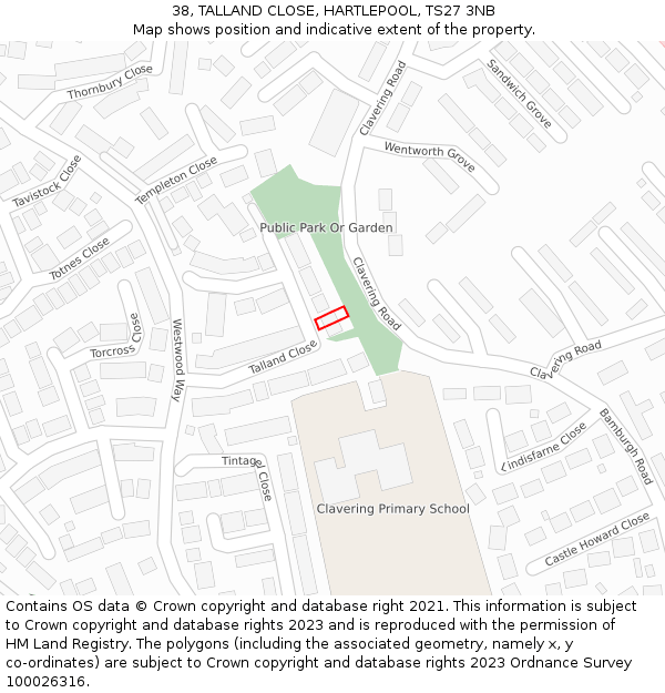 38, TALLAND CLOSE, HARTLEPOOL, TS27 3NB: Location map and indicative extent of plot