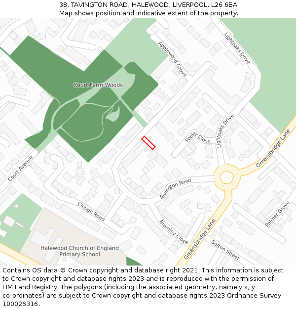 38, TAVINGTON ROAD, HALEWOOD, LIVERPOOL, L26 6BA: Location map and indicative extent of plot