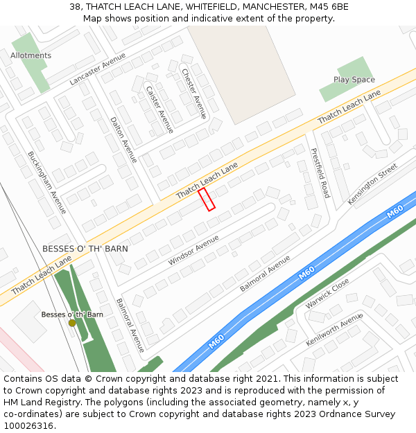 38, THATCH LEACH LANE, WHITEFIELD, MANCHESTER, M45 6BE: Location map and indicative extent of plot