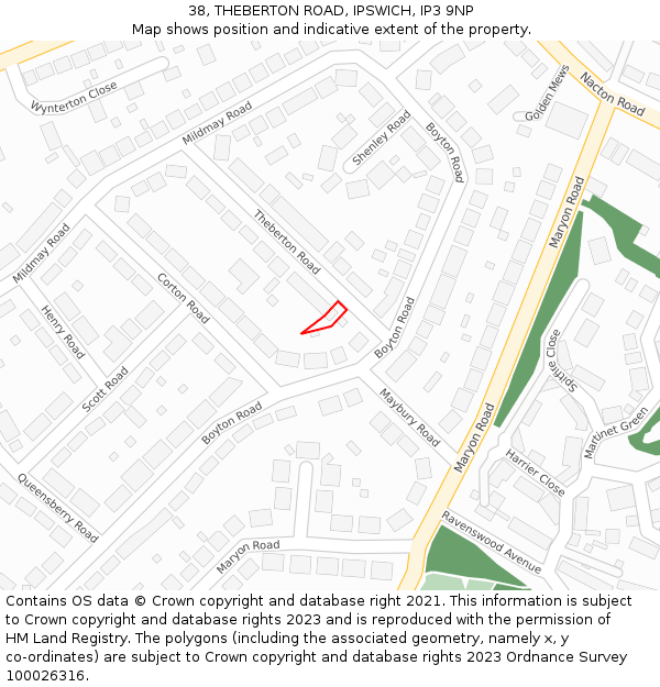 38, THEBERTON ROAD, IPSWICH, IP3 9NP: Location map and indicative extent of plot