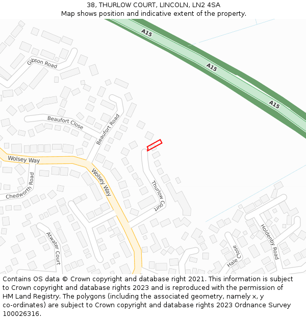 38, THURLOW COURT, LINCOLN, LN2 4SA: Location map and indicative extent of plot
