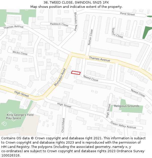 38, TWEED CLOSE, SWINDON, SN25 1PX: Location map and indicative extent of plot