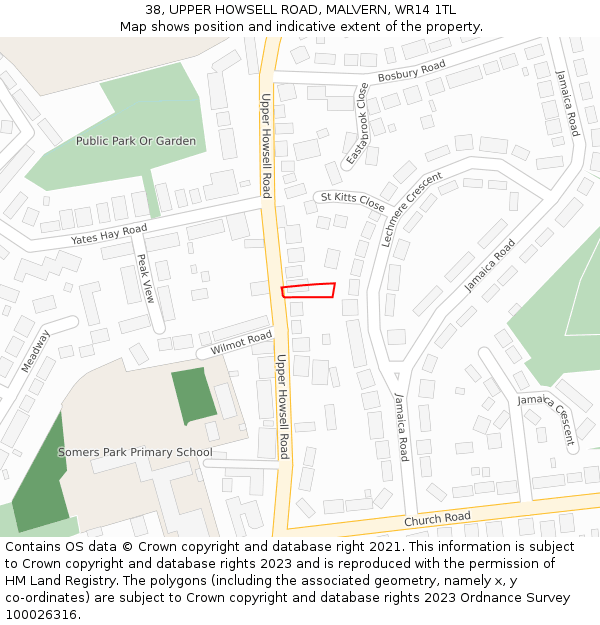 38, UPPER HOWSELL ROAD, MALVERN, WR14 1TL: Location map and indicative extent of plot