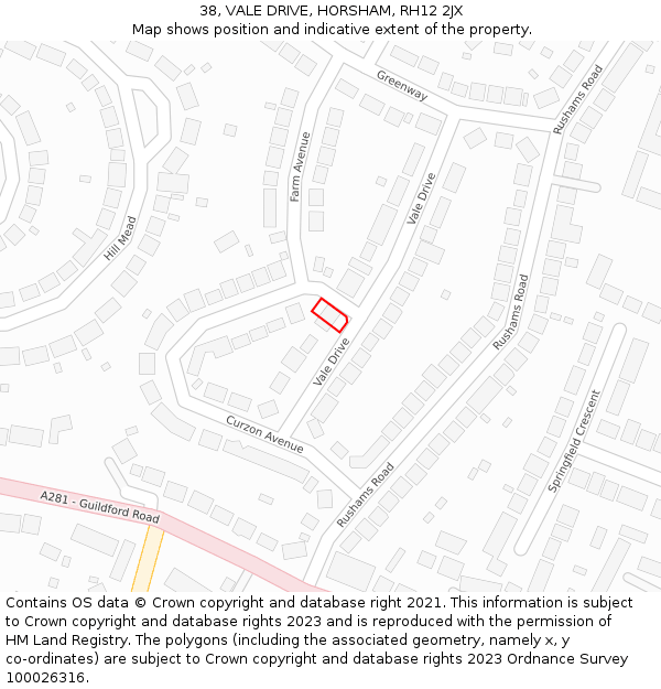 38, VALE DRIVE, HORSHAM, RH12 2JX: Location map and indicative extent of plot