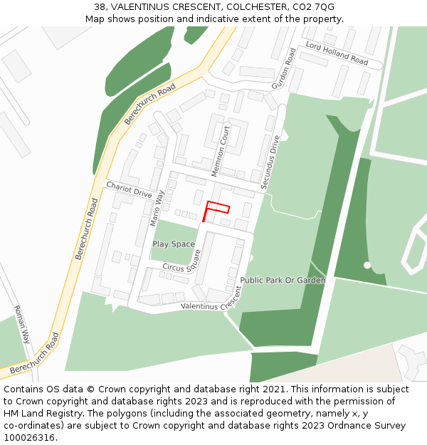 38, VALENTINUS CRESCENT, COLCHESTER, CO2 7QG: Location map and indicative extent of plot