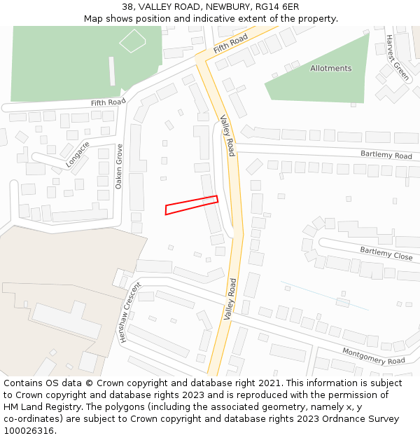 38, VALLEY ROAD, NEWBURY, RG14 6ER: Location map and indicative extent of plot
