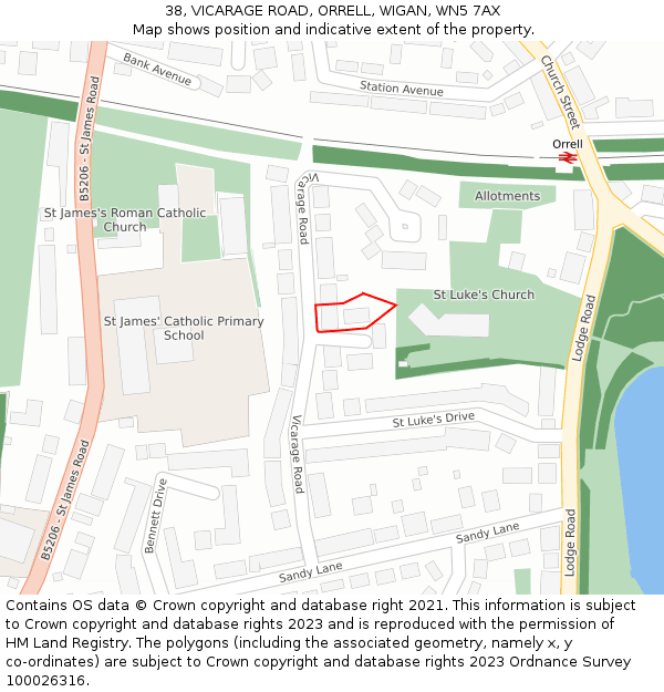38, VICARAGE ROAD, ORRELL, WIGAN, WN5 7AX: Location map and indicative extent of plot