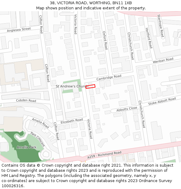 38, VICTORIA ROAD, WORTHING, BN11 1XB: Location map and indicative extent of plot