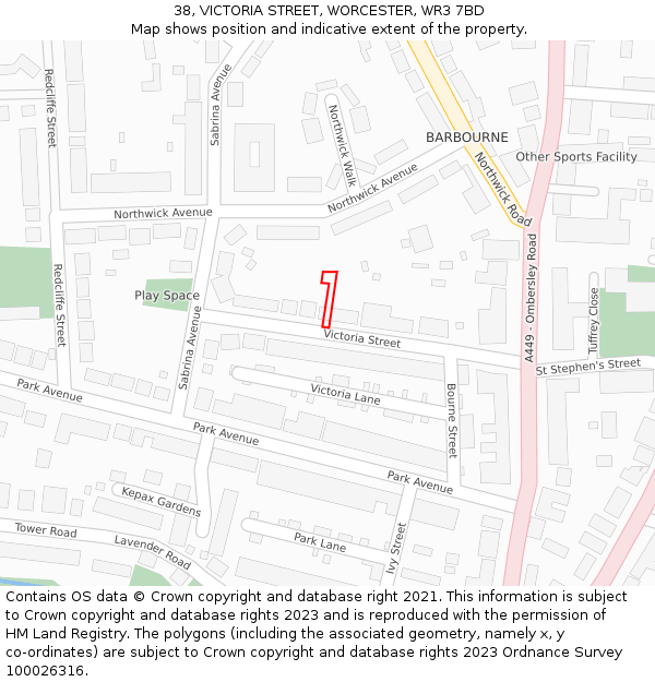 38, VICTORIA STREET, WORCESTER, WR3 7BD: Location map and indicative extent of plot