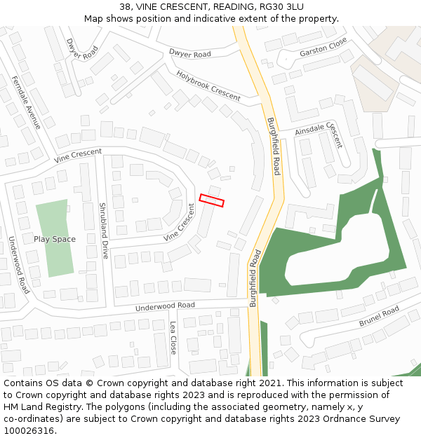 38, VINE CRESCENT, READING, RG30 3LU: Location map and indicative extent of plot
