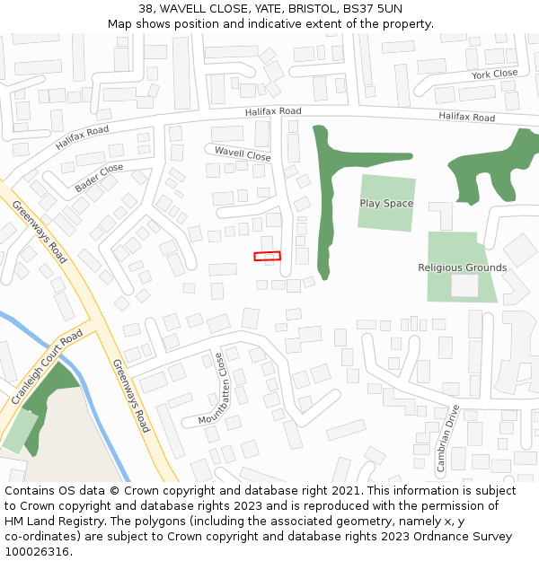 38, WAVELL CLOSE, YATE, BRISTOL, BS37 5UN: Location map and indicative extent of plot