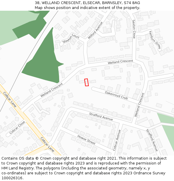 38, WELLAND CRESCENT, ELSECAR, BARNSLEY, S74 8AG: Location map and indicative extent of plot