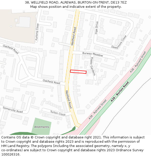 38, WELLFIELD ROAD, ALREWAS, BURTON-ON-TRENT, DE13 7EZ: Location map and indicative extent of plot