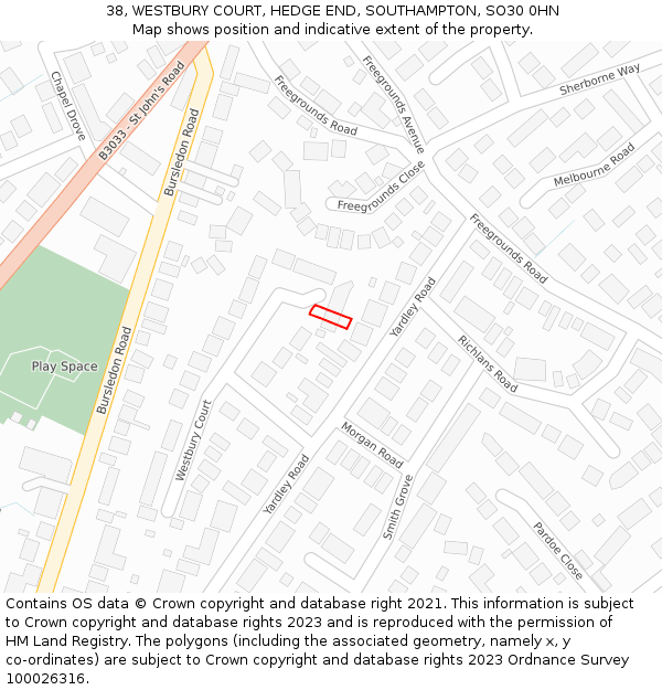 38, WESTBURY COURT, HEDGE END, SOUTHAMPTON, SO30 0HN: Location map and indicative extent of plot