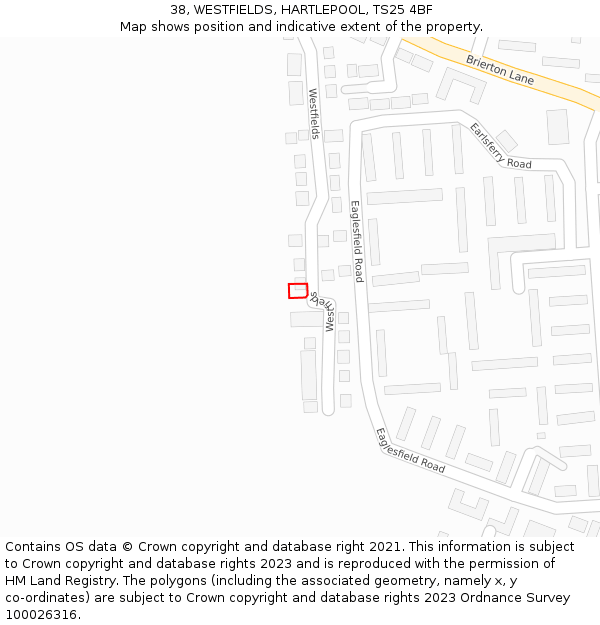 38, WESTFIELDS, HARTLEPOOL, TS25 4BF: Location map and indicative extent of plot