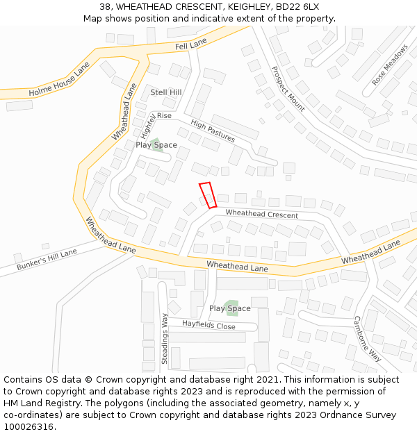 38, WHEATHEAD CRESCENT, KEIGHLEY, BD22 6LX: Location map and indicative extent of plot