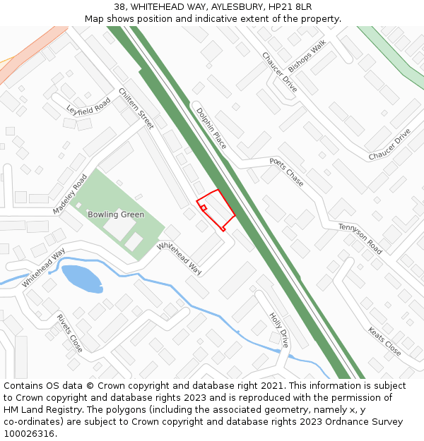 38, WHITEHEAD WAY, AYLESBURY, HP21 8LR: Location map and indicative extent of plot