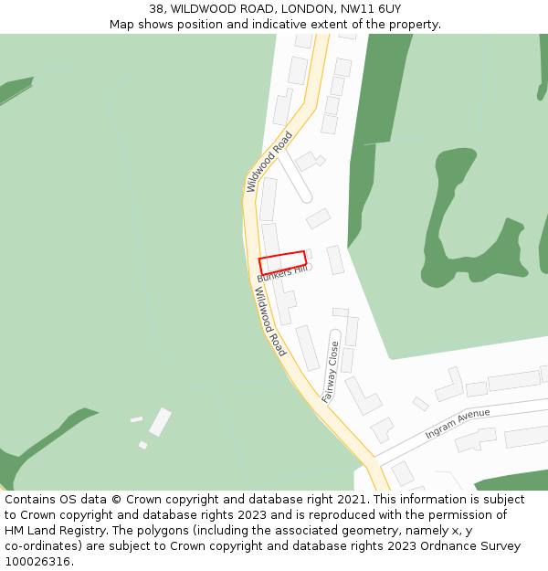 38, WILDWOOD ROAD, LONDON, NW11 6UY: Location map and indicative extent of plot