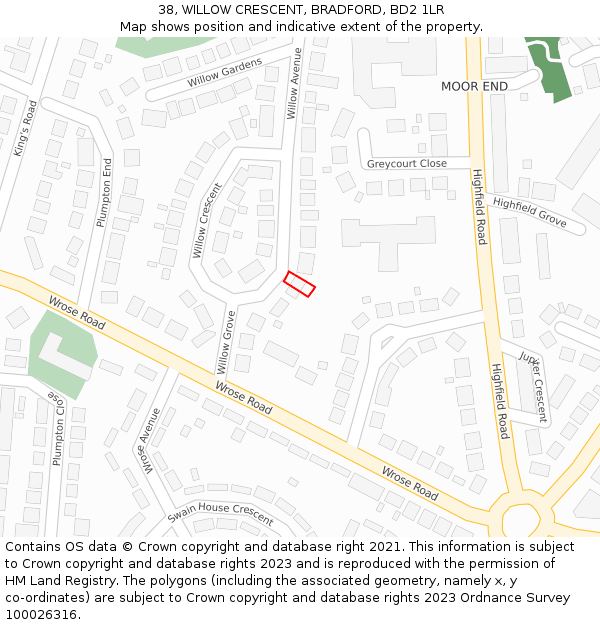 38, WILLOW CRESCENT, BRADFORD, BD2 1LR: Location map and indicative extent of plot