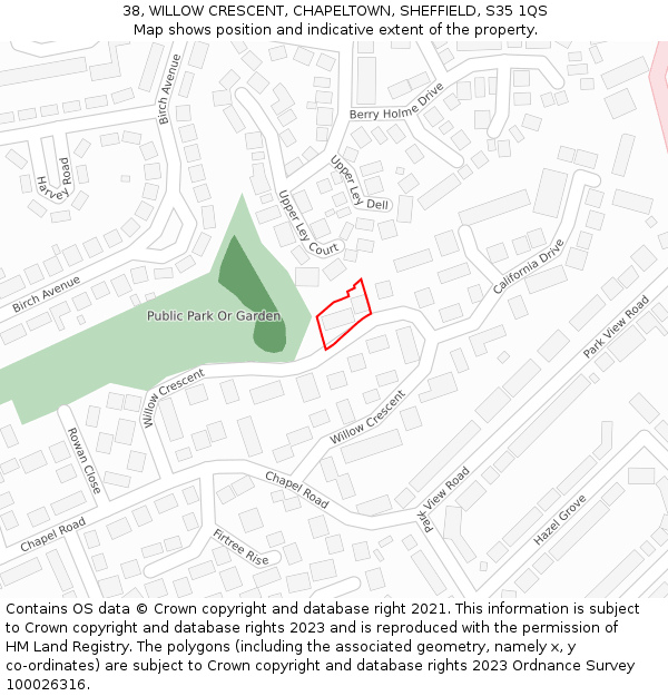 38, WILLOW CRESCENT, CHAPELTOWN, SHEFFIELD, S35 1QS: Location map and indicative extent of plot