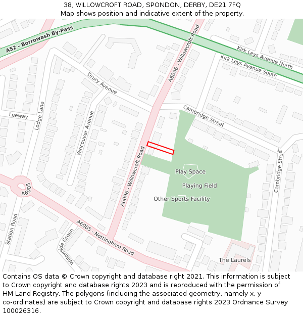 38, WILLOWCROFT ROAD, SPONDON, DERBY, DE21 7FQ: Location map and indicative extent of plot