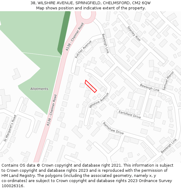 38, WILSHIRE AVENUE, SPRINGFIELD, CHELMSFORD, CM2 6QW: Location map and indicative extent of plot