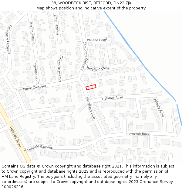 38, WOODBECK RISE, RETFORD, DN22 7JX: Location map and indicative extent of plot