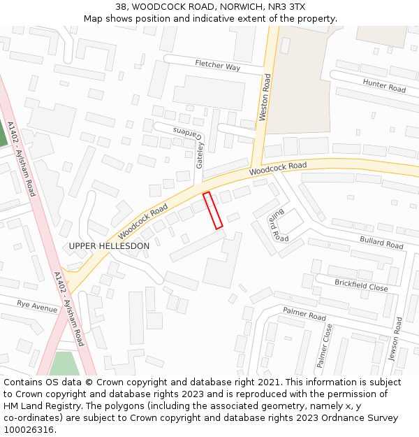 38, WOODCOCK ROAD, NORWICH, NR3 3TX: Location map and indicative extent of plot