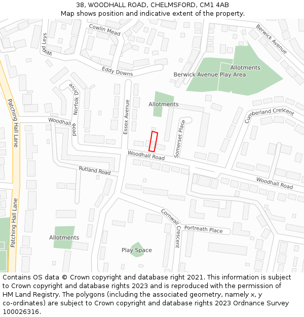 38, WOODHALL ROAD, CHELMSFORD, CM1 4AB: Location map and indicative extent of plot