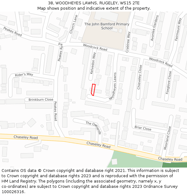 38, WOODHEYES LAWNS, RUGELEY, WS15 2TE: Location map and indicative extent of plot