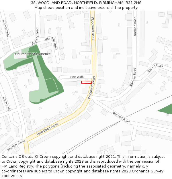 38, WOODLAND ROAD, NORTHFIELD, BIRMINGHAM, B31 2HS: Location map and indicative extent of plot