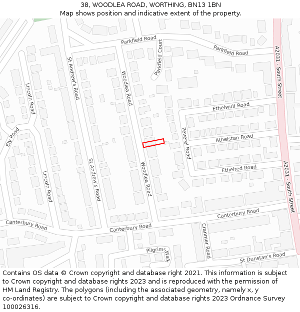 38, WOODLEA ROAD, WORTHING, BN13 1BN: Location map and indicative extent of plot