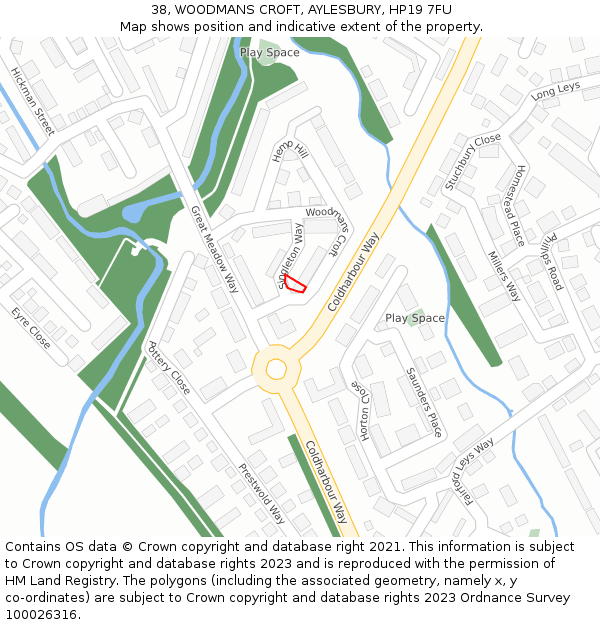 38, WOODMANS CROFT, AYLESBURY, HP19 7FU: Location map and indicative extent of plot