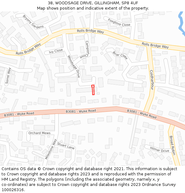 38, WOODSAGE DRIVE, GILLINGHAM, SP8 4UF: Location map and indicative extent of plot