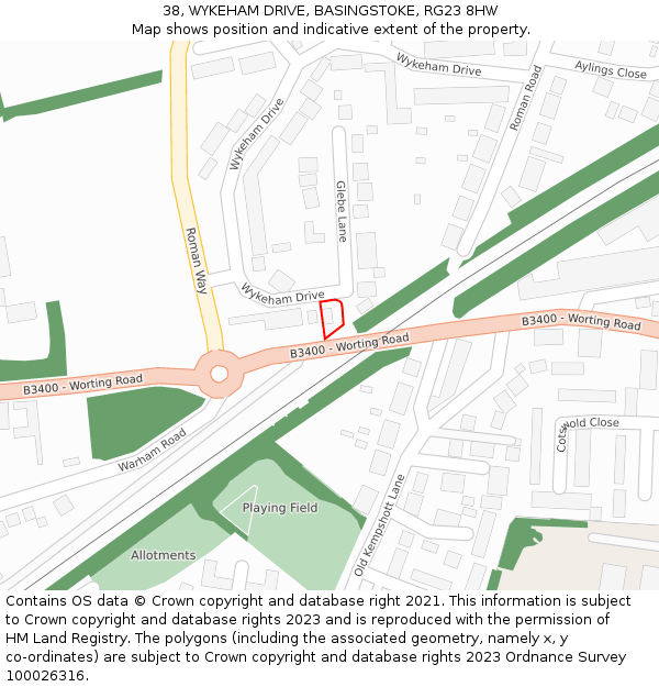 38, WYKEHAM DRIVE, BASINGSTOKE, RG23 8HW: Location map and indicative extent of plot
