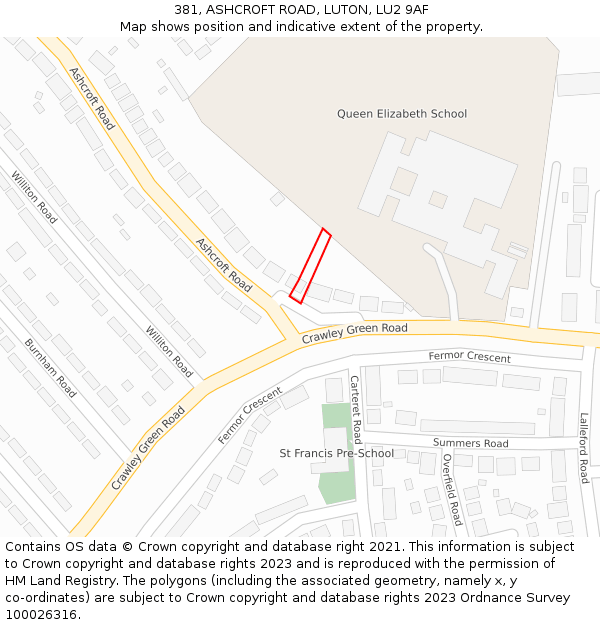 381, ASHCROFT ROAD, LUTON, LU2 9AF: Location map and indicative extent of plot