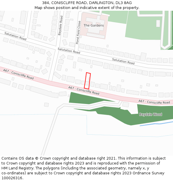 384, CONISCLIFFE ROAD, DARLINGTON, DL3 8AG: Location map and indicative extent of plot