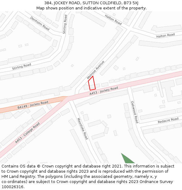 384, JOCKEY ROAD, SUTTON COLDFIELD, B73 5XJ: Location map and indicative extent of plot