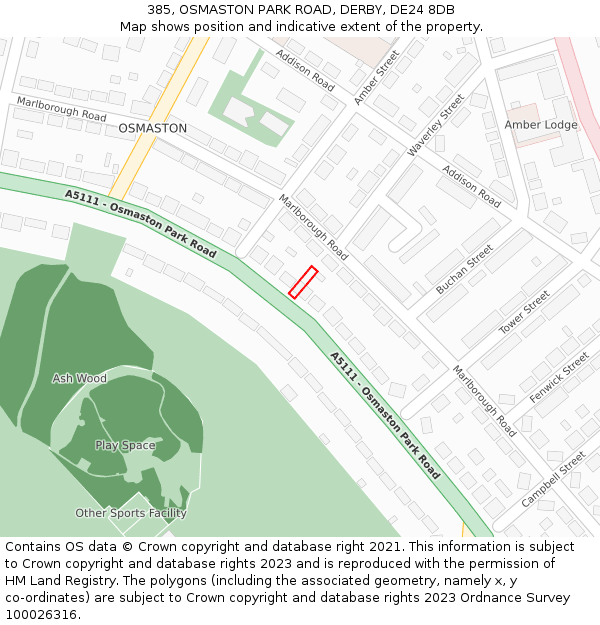 385, OSMASTON PARK ROAD, DERBY, DE24 8DB: Location map and indicative extent of plot