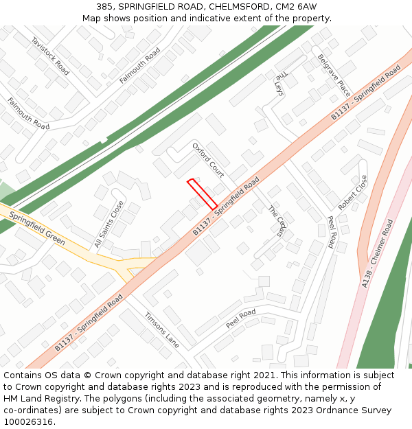 385, SPRINGFIELD ROAD, CHELMSFORD, CM2 6AW: Location map and indicative extent of plot
