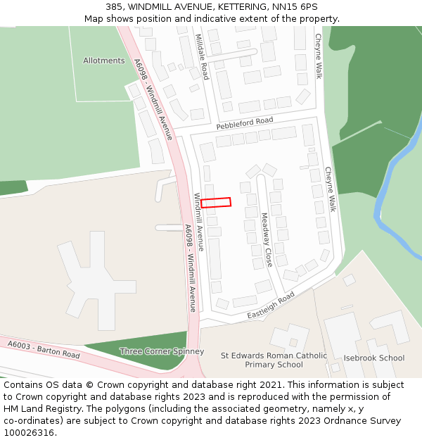 385, WINDMILL AVENUE, KETTERING, NN15 6PS: Location map and indicative extent of plot