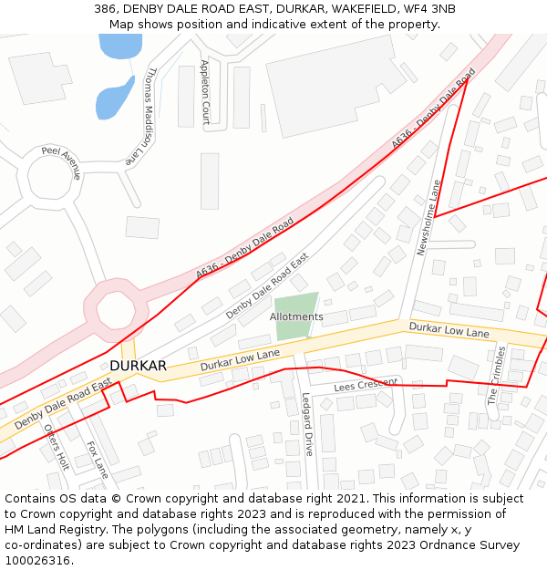 386, DENBY DALE ROAD EAST, DURKAR, WAKEFIELD, WF4 3NB: Location map and indicative extent of plot