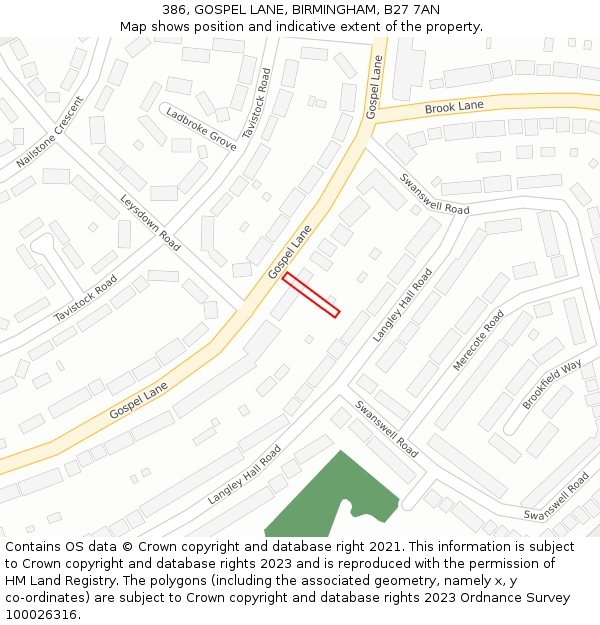 386, GOSPEL LANE, BIRMINGHAM, B27 7AN: Location map and indicative extent of plot
