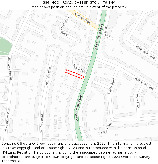 386, HOOK ROAD, CHESSINGTON, KT9 1NA: Location map and indicative extent of plot