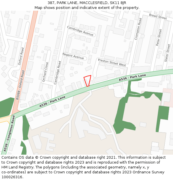 387, PARK LANE, MACCLESFIELD, SK11 8JR: Location map and indicative extent of plot
