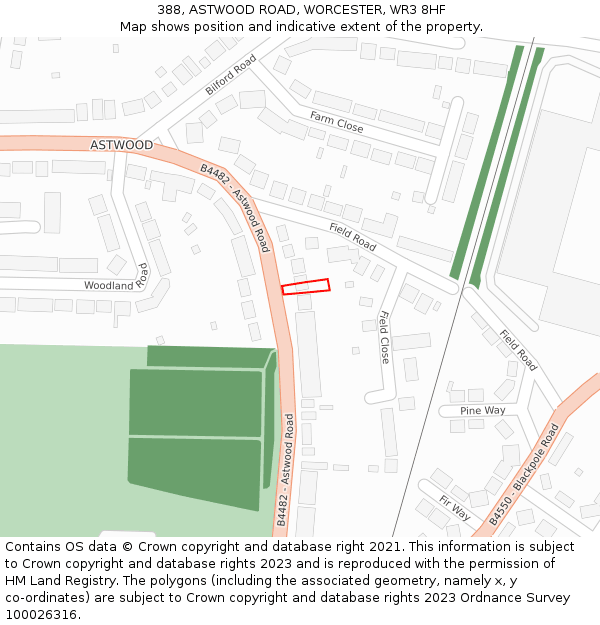 388, ASTWOOD ROAD, WORCESTER, WR3 8HF: Location map and indicative extent of plot