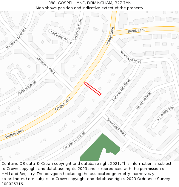 388, GOSPEL LANE, BIRMINGHAM, B27 7AN: Location map and indicative extent of plot