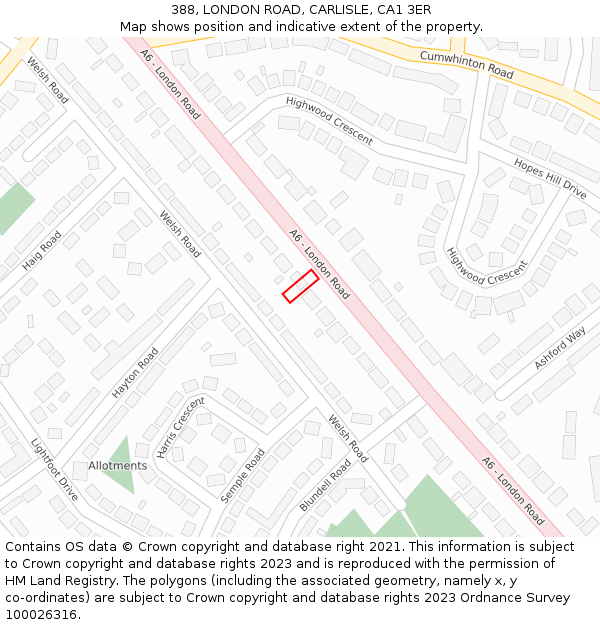388, LONDON ROAD, CARLISLE, CA1 3ER: Location map and indicative extent of plot